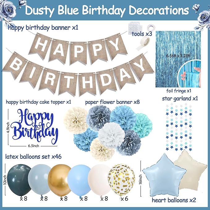 Light-Blue Birthday Decoration, Dusty Blue Sand White Confetti Foil Balloons Set With Happy Birthday Banner Fringe Curtains, Pom Poms, Blue Party Décor for Boys Girls Women Men