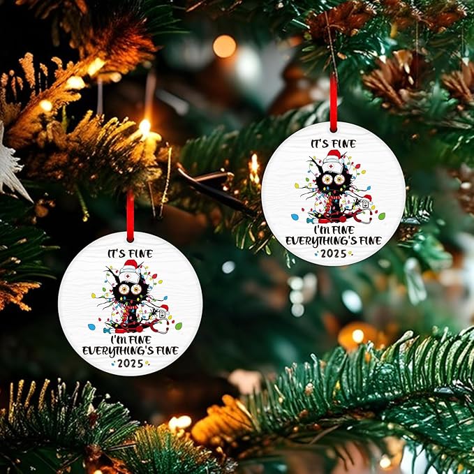 PETCEE Funny Cat Christmas Ornament 2025 - Everything's Fine Ornaments Hanging Decoration Black Cat Fire Ornaments for Christmas Tree Funny Commemorative Ornament