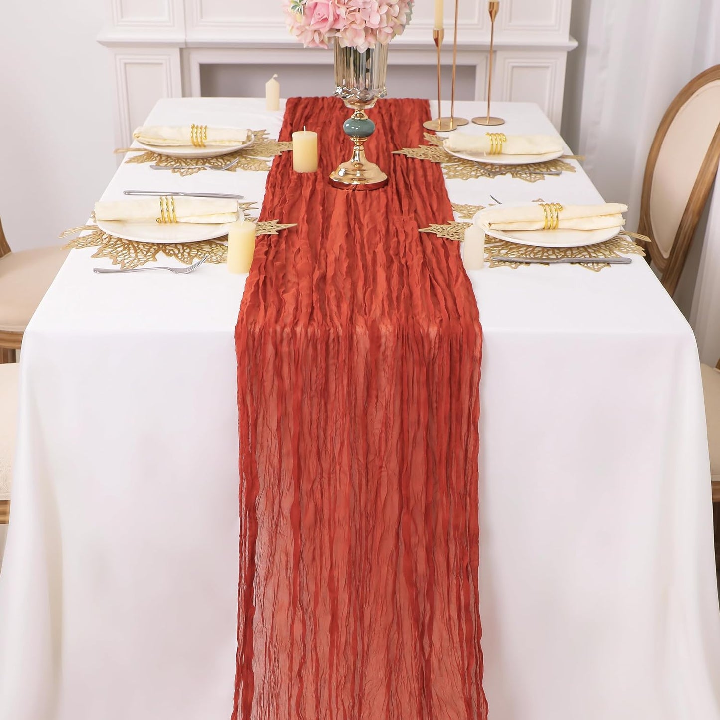 Snowkingdom 10 Ft Fall Table Runner Terracotta Cheesecloth, 120 inch Long Rust Burnt Orange Cheese Cloth Boho Gauze for Wedding Bridal Shower Rustic Sheer Thanksgiving Table Decorations