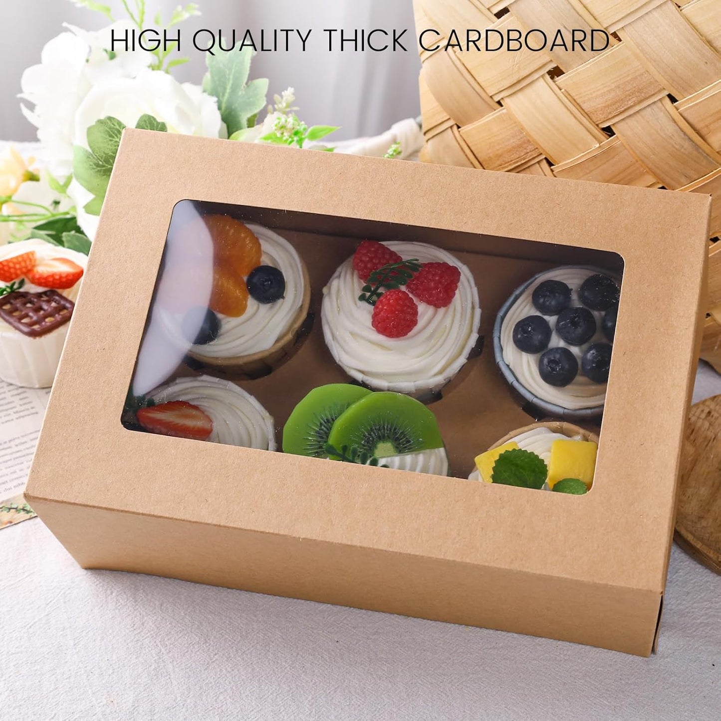 HANSGO 6 PCS Cupcake Boxes, 9.5x6.3x3.5 Inch Cupcake Containers Brown Pastry Boxes with Inserts 6 Holders for Muffins Pastry Strawberry, Party Supplies