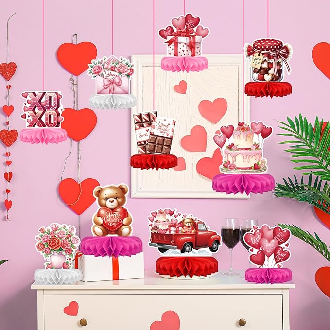 Valentines Day Decorations Set - Heartwarming Valentine's Day Honeycomb Centerpieces & Heart Table Toppers for Classroom Decor, Anniversary & Valentine's Day Party Supplies
