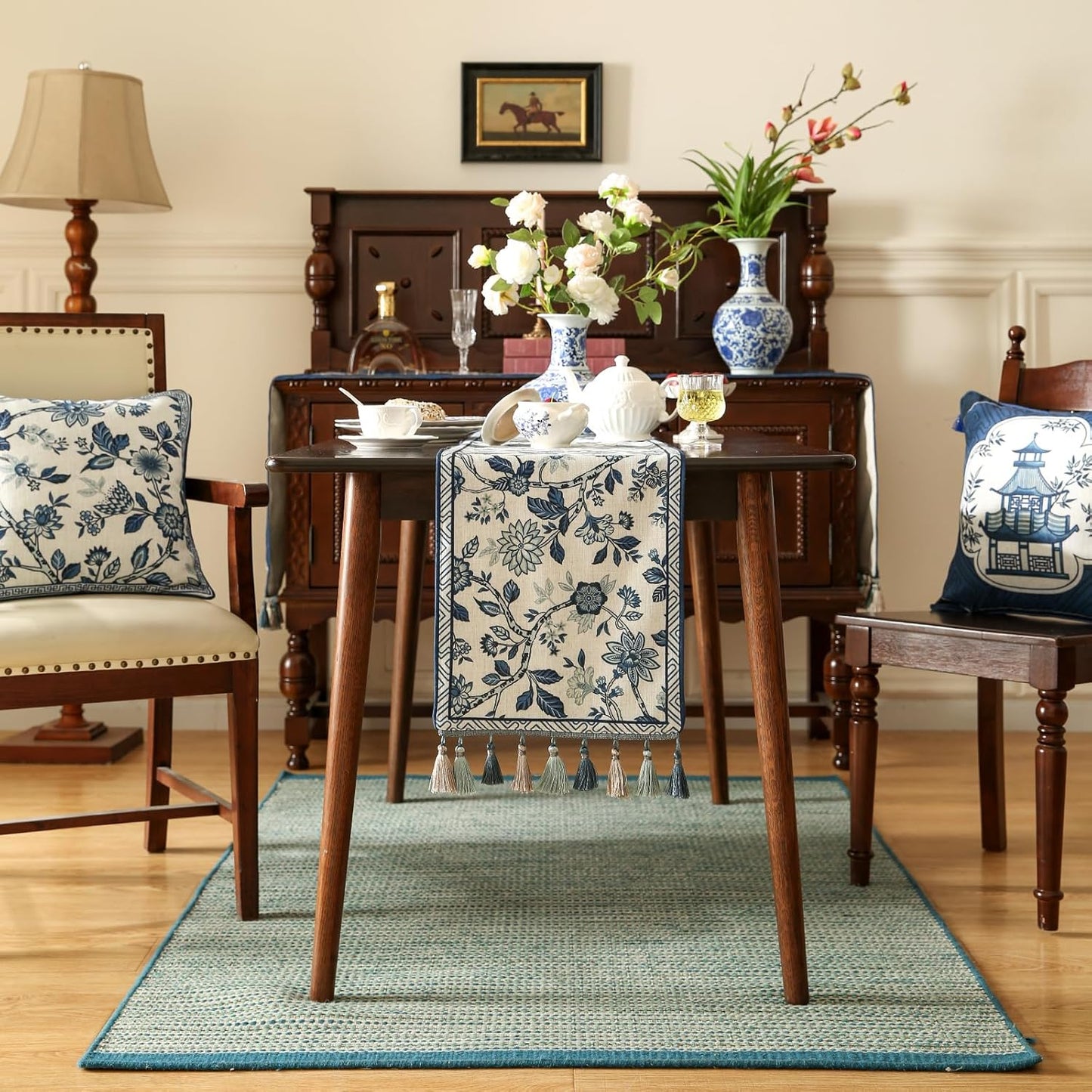 Decorative Small Linen Table Runner 63 Inches Long,Chinoiserie Blue Floral Cloth Runner for Coffee Table Decor Tabletop Table Runners for Kitchen,Dining,Party,Home,Christmas,12"*63"