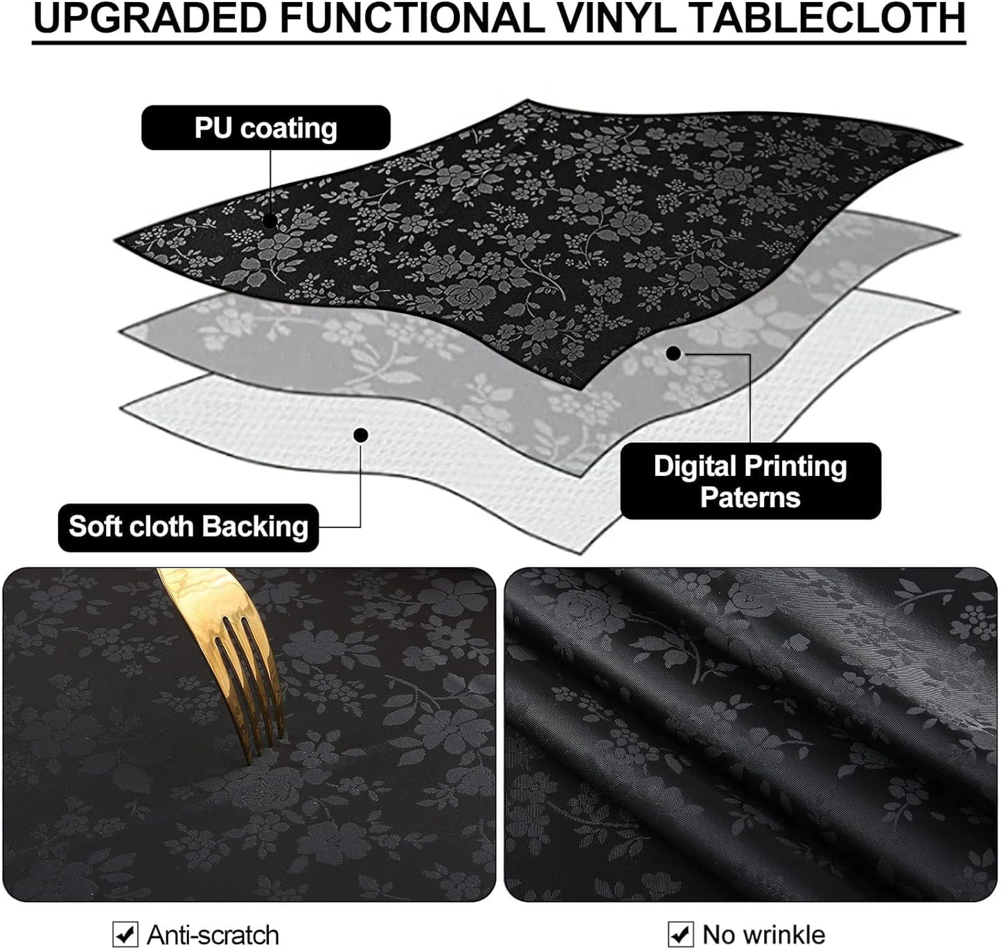 Smiry Rectangle Table Cloth, Waterproof Heavy Duty Vinyl Tablecloths, Wipeable Washable Table Cover for Kitchen and Dining Room (Black, 54" X 120")