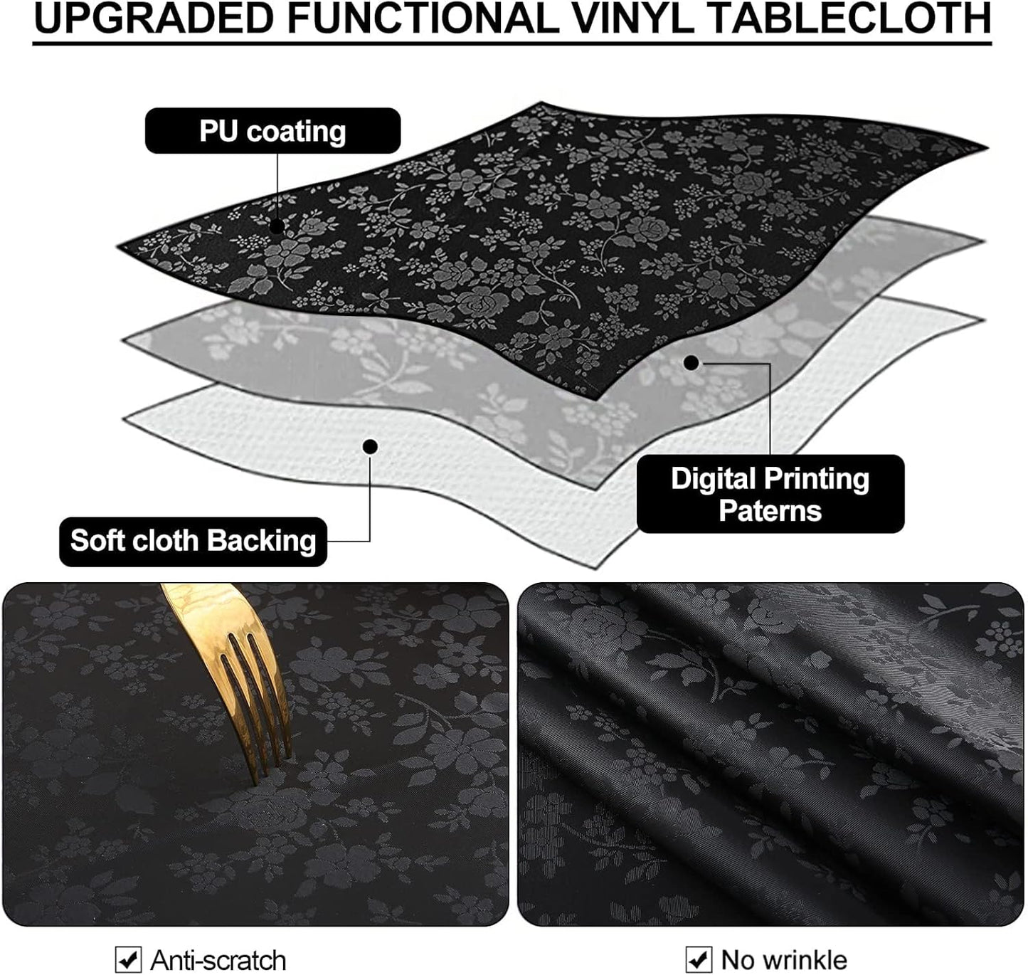 Smiry Rectangle Table Cloth, Waterproof Heavy Duty Vinyl Tablecloths, Wipeable Washable Table Cover for Kitchen and Dining Room (Black, 60" X 102")