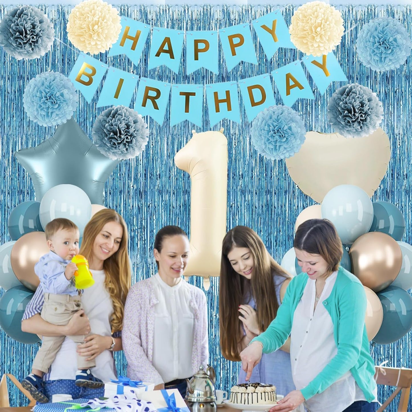 Dusty Blue 1st Birthday Decorations Beige Cream Number 1 Balloon with Blue Gold Happy Birthday Banner Fringe Curtain Paper Pom Poms Nude White Sand Champagne Star Foil Balloons Party Decor