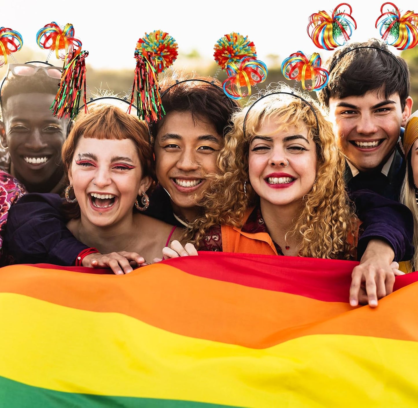 Censen 12 Pcs Halloween Pom Pom Party Headbands Tinsel Ponytails Spirit Head Bopper Headwear for Christmas Birthday Holiday