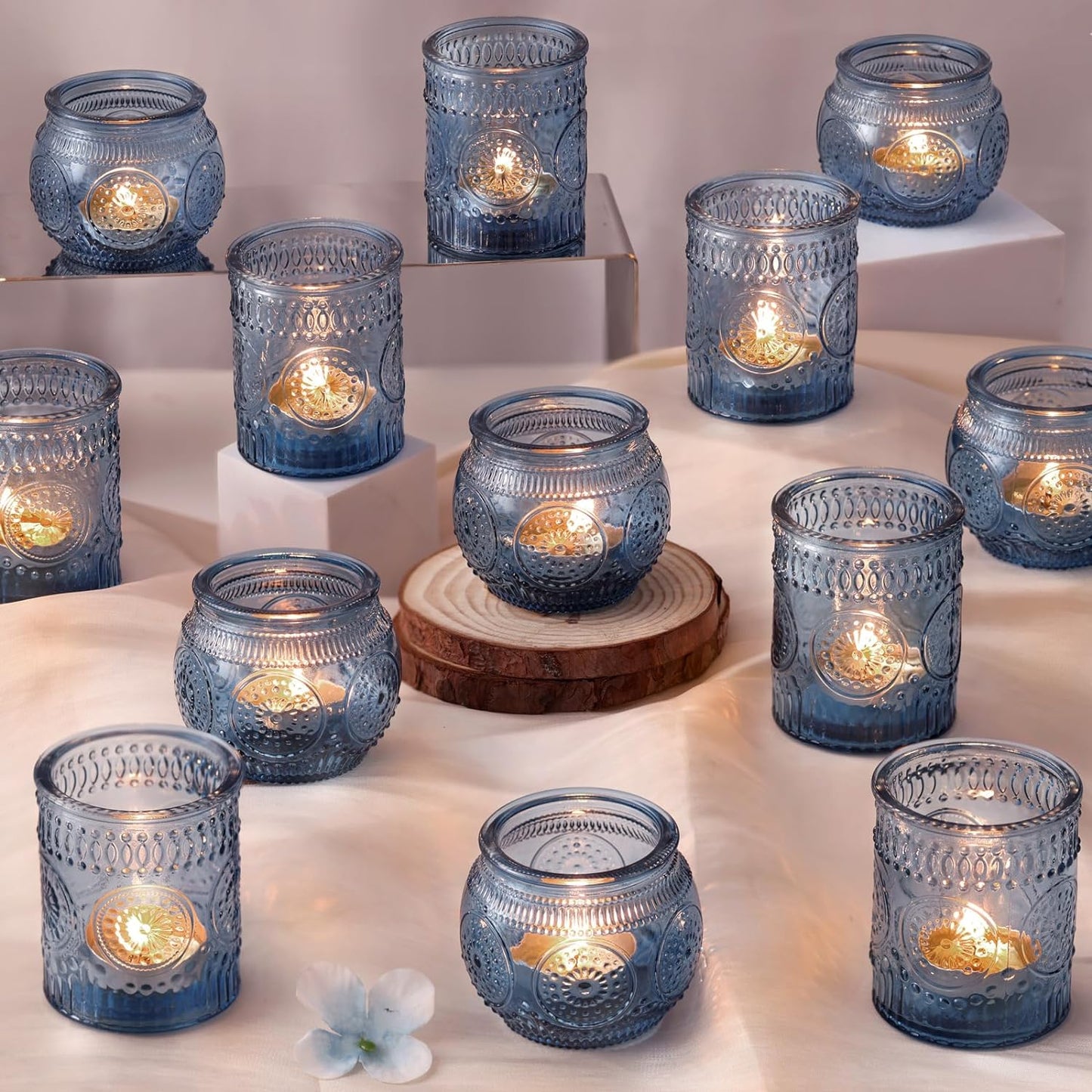 DARJEN 24 Pcs Blue Vintage Candle Holders - Bulk Glass Holders for Party & Wedding Decoration