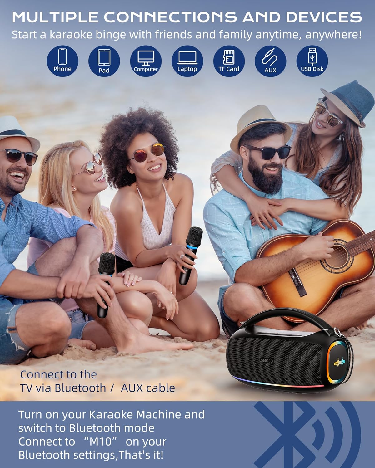 Karaoke Machine,IPX5 Waterproof Portable Bluetooth 5.3 Speaker with 2 Wireless Microphones for Adults & Kids,60W PA System Supports TWS/TF Card/USB/AUX/Live for Home Party-Black