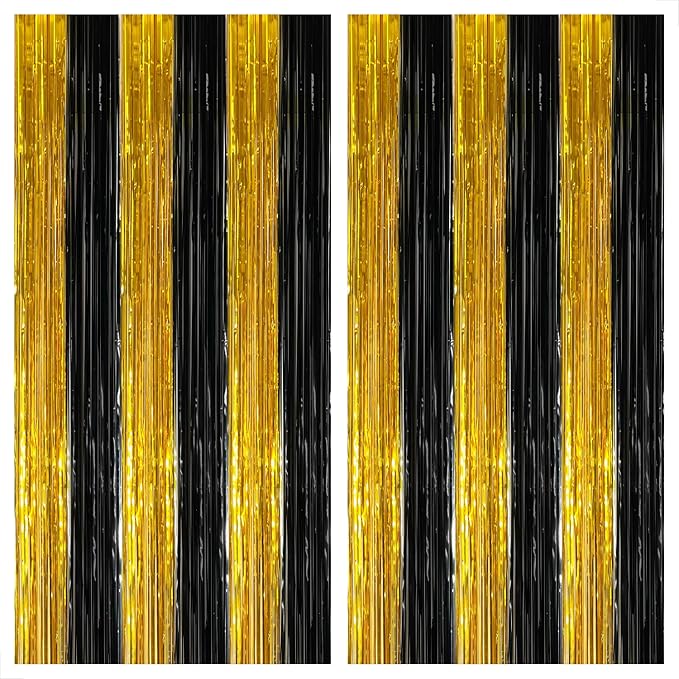 KatchOn, Xtralarge Black and Gold Streamers - 8x3.2 Feet, Pack of 2 | Black and Gold Fringe Curtain for Black and Gold Party Decorations | Black and Gold Backdrop, Graduation Decorations 2024