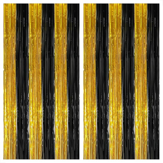 KatchOn, Xtralarge Black and Gold Streamers - 8x3.2 Feet, Pack of 2 | Black and Gold Fringe Curtain for Black and Gold Party Decorations | Black and Gold Backdrop, Graduation Decorations 2024