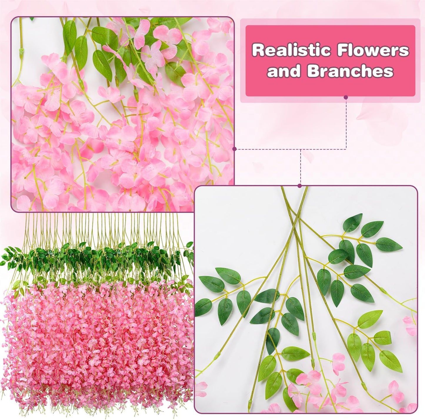 Wisteria Hanging Flowers,Fake Hanging Flowers,Wisteria artificiales Garland for Home Wedding Arch Floral Party Garden Ceremony Outdoor Decor,3.6 feet Long(48,Pink)