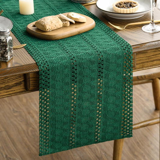 Artoid Mode Dark Green Farmhouse Woven Rustic Hollow Table Runner, Seasonal Holiday Hollow Kitchen Dining Table Decoration for Home Party Decor 12x108 Inch