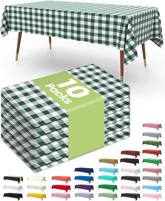 Pureegg Plastic Table Cloth Disposable 10 Pack, 54 x 108 Inch Table Cloths, Party, Picnic, Decorative Gingham Tablecloths, Rectangle, Green and White Checkered Cover, Leakproof & Sturdy, Green Plaid