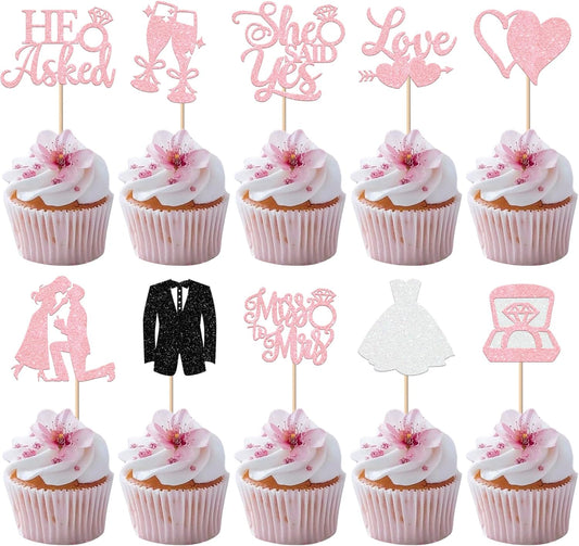 30 Pack Bride to be Cupcake Toppers Glitter Diamond Ring Love I Do Cupcake Picks Miss to Mrs He Asked She Said Yes Bridal Shower Wedding Engagement Bachelorette Cake Decorations Party Pink