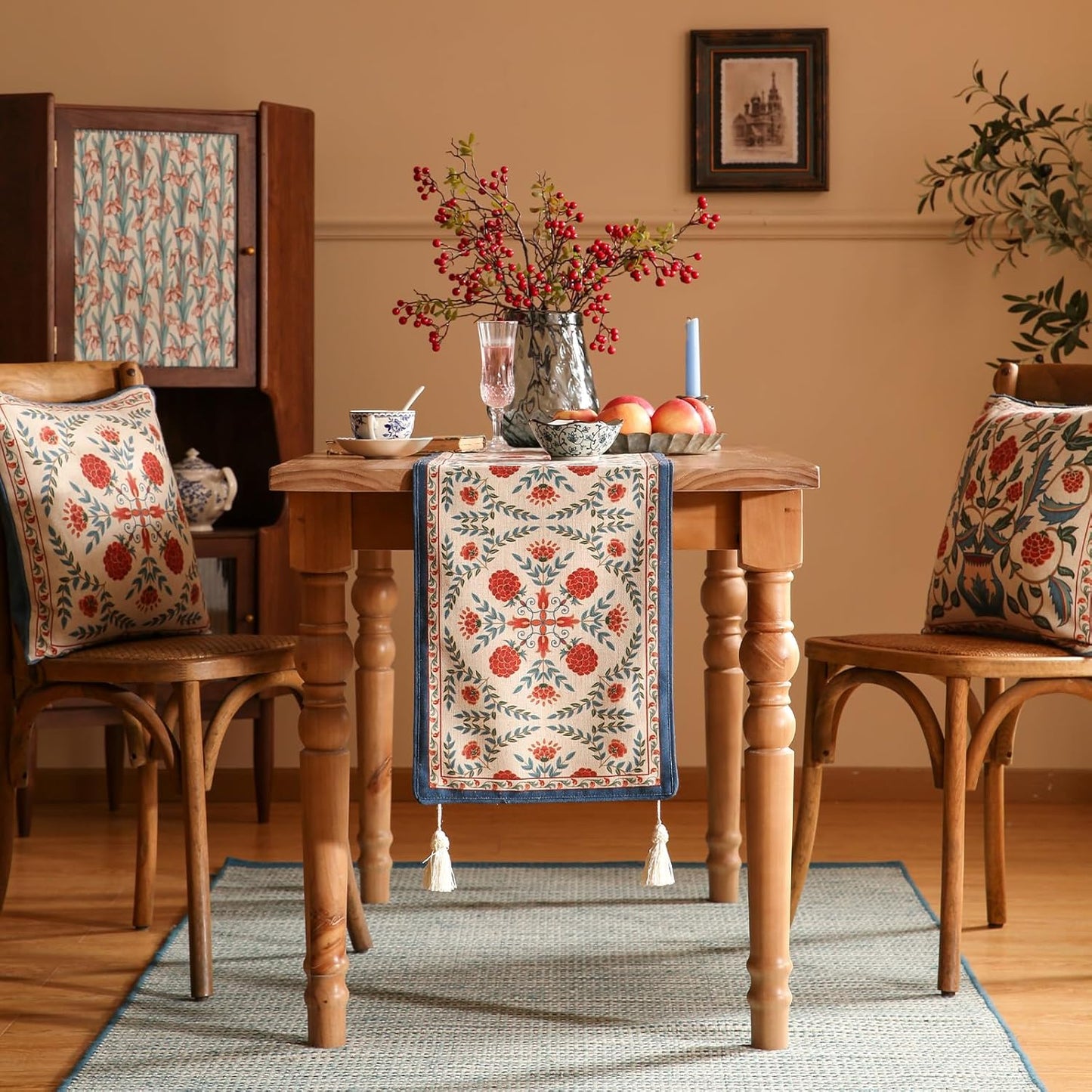 patdrea Designer Vintage Bright Farmhouse Extra Long Linen Table Runner 118 Inch Long, Maroon Floral Pattern Table Mat, Decor for Kitchen Dining Coffee Table Cabinet Banquet Christmas ,16"*118"