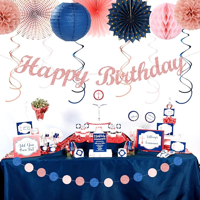 Pink Rose-Gold Navy-Blue Birthday Party-decorations - 21pcs Women Girl Happy Banner Garland, Paper Streamers Lanterns,Flower Tissue Pom Poms Fan Supplies, Princess Wall Backdrop Decor Huglony