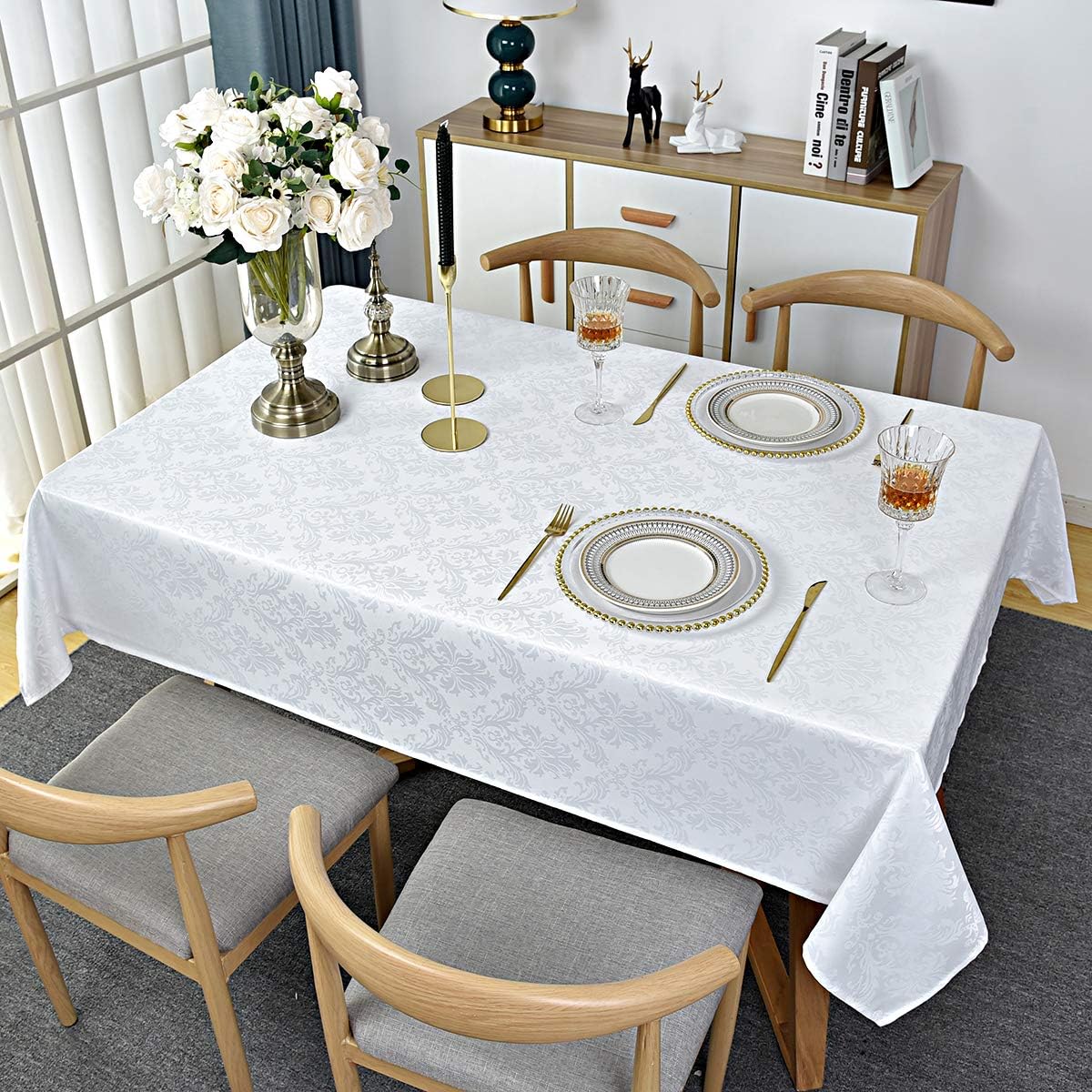Rectangle Table Cloth - 60 x 84 Inch White Jacquard Tablecloths Damask Design Spillproof Wrinkle Resistant Shrinkproof Soft Tablecloth Polyester Oblong Table Cover for Kitchen Dinning Party Tabletop