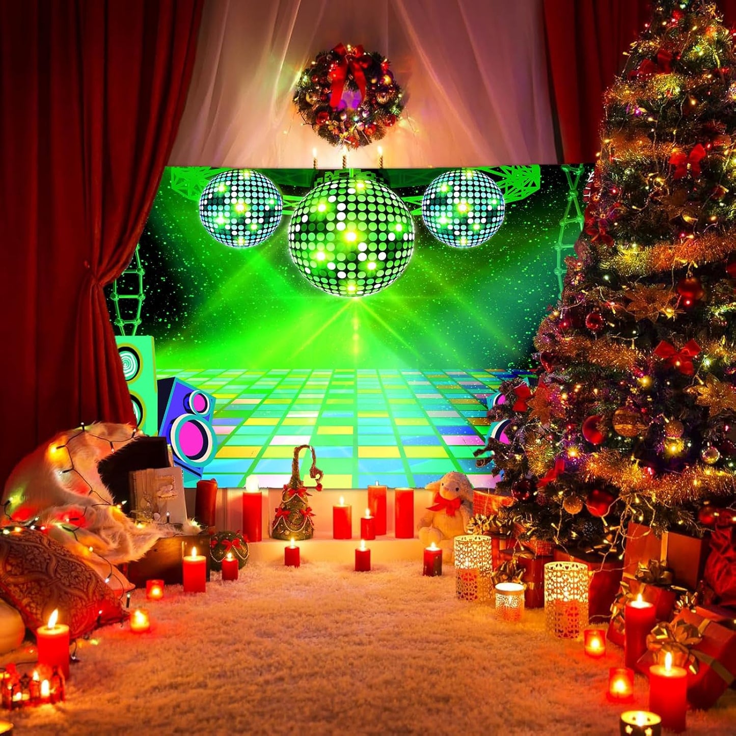 Dance Party Backdrop Retro 80s 90s Theme Stage Dance Ball Music Birthday Party Decoration DJ Photography Background 12 x 10 ft for Baby Shower Picture Photo Shoot Polyester Fabric, Red