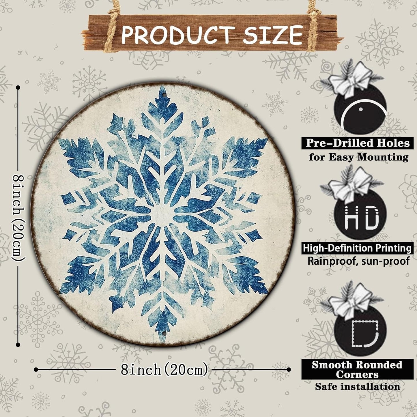 Round Christmas Metal Tin Sign Vintage Snowflake Signs Winter Christmas Sign Retro Wall Decor Tin Sign Funny Decorations for Home Cafes Office Store Pubs Tin Sign 8 * 8 in