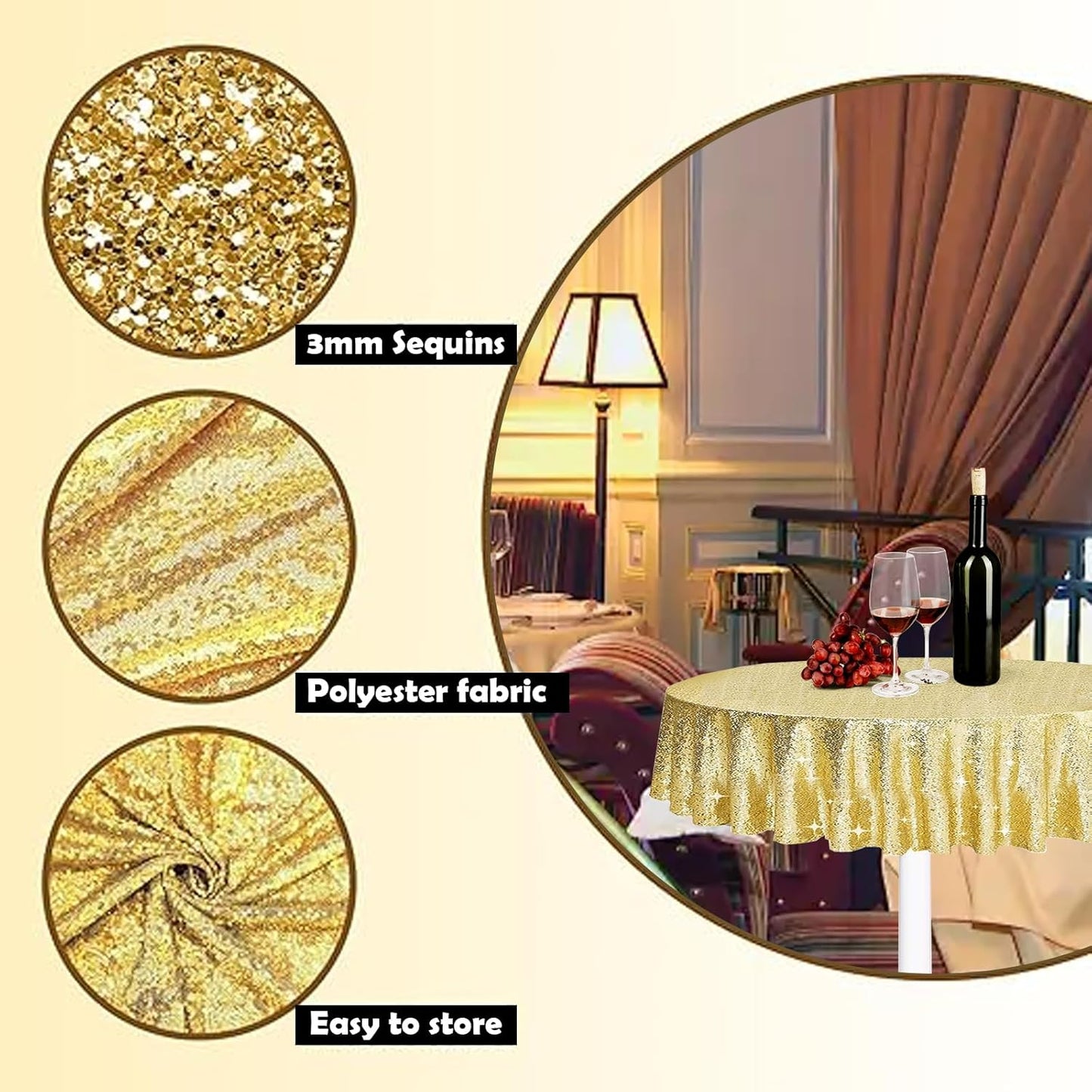 6 Pcs Gold Sequin Tablecloth 50 Inch Gold Round Tablecloth Overlay Round Table Cloth Golden Glitter Sequin Table Covers for Wedding Birthday Parties Holiday Banquet