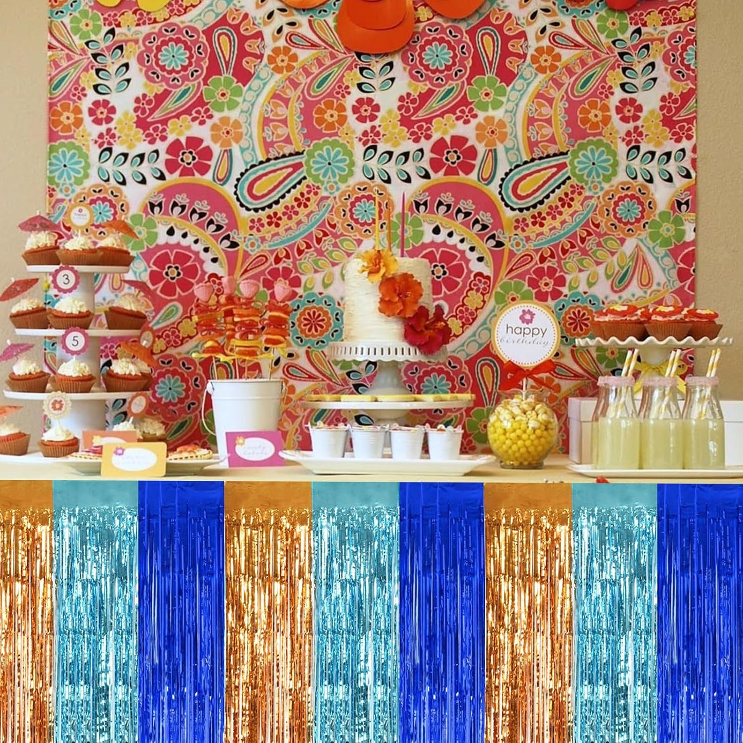 BEISHIDA 2 Pack Orange Blue Light Blue Table Skirts Party Decorations Metallic Tinsel Foil Fringe Table Skirts Table Decors for Rectangle and Round Table Birthday Holiday Party Cartoon Party