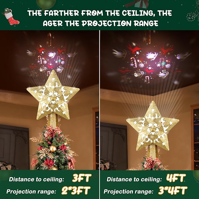 Christmas Tree Topper, Christmas Star Tree Topper Built-in LED Rotating Lights, Plug in 3D Golden Glittered Star Tree Topper for Xmas Party Holiday Decorations