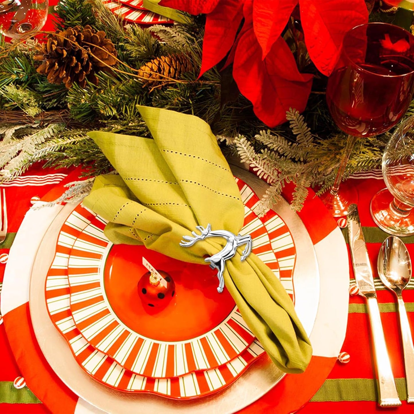 ZeeDix Silver Reindeer Christmas Napkin Rings Set of 8, Napkin Holder Ring for Christmas Dinner Table Decor Cloth Napkins, Wedding Receptions, Holiday Party, Banquet and Home Kitchen