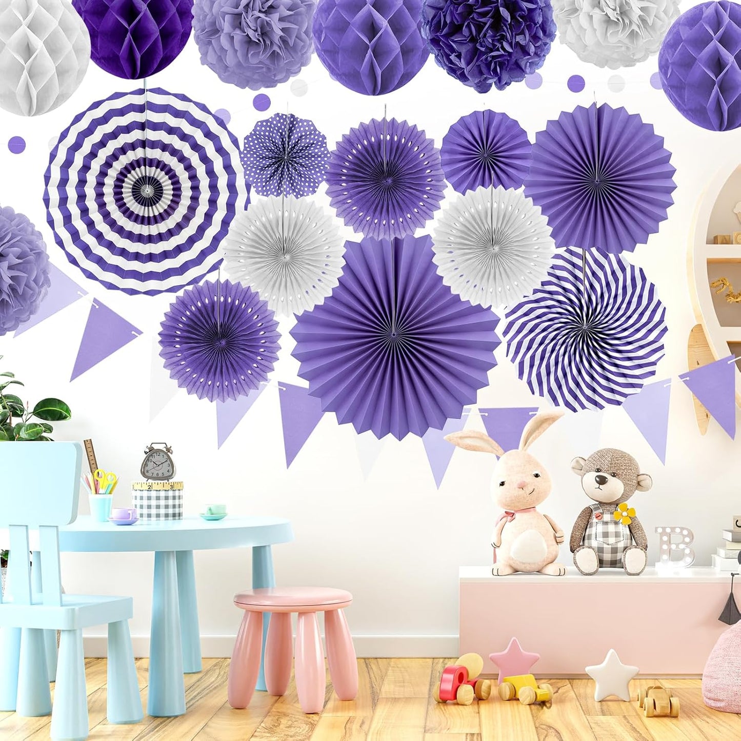 Purple Party Decorations,23Pcs Lavender Birthday Decorations with Hanging Paper Fans,Pom Poms Flowers Packs for Girls Women Birthday Party, Bridal Shower,Baby Showers,Wedding