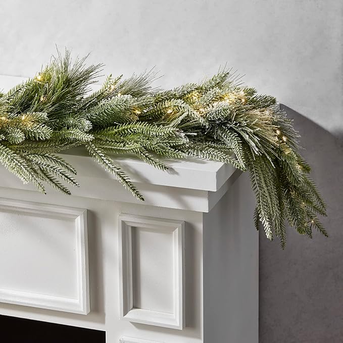 LampLust Garland with Lights Battery Operated, 6 Ft Frosted Garland with Pine Branches, 100 LED Lights with Timer, Spring Greenery for Mantle All Year Round, Dining Table Centerpiece Decor