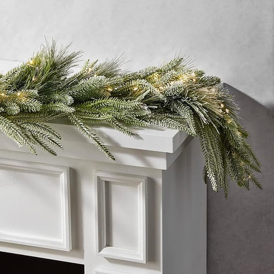 LampLust Garland with Lights Battery Operated, 6 Ft Frosted Garland with Pine Branches, 100 LED Lights with Timer, Spring Greenery for Mantle All Year Round, Dining Table Centerpiece Decor