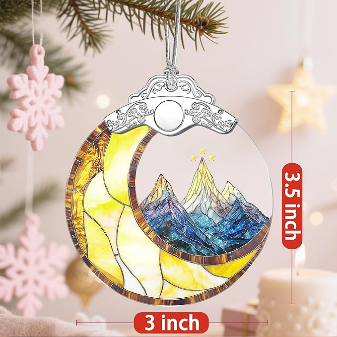 Christmas Ornaments: Stained Glass Ornament, Christmas Tree Ornament, Hanging Ornaments for Home Decor & Xmas Tree Decorations – Holiday Decor, Holiday Present - Mountains & Moon