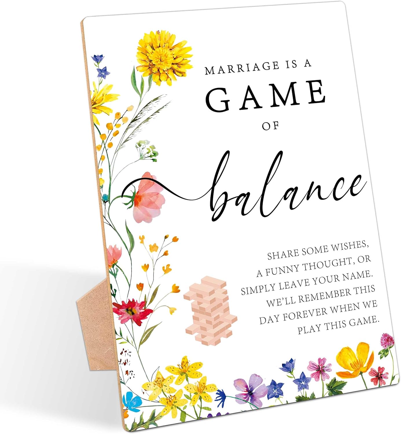 Marriage Is A Game Of Balance Sign, Floral Wedding Ceremony Sign, Pack of 1 Wooden Tabletop Sign with Stand, Wedding Supplies, Engagement and Reception Wedding Decorations - LD17