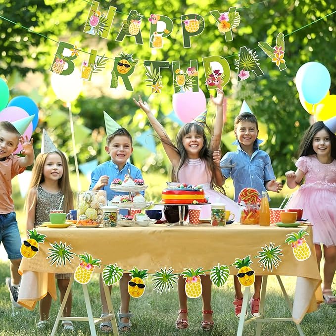 SUNBEAUTY Fruit Party Decorations Happy Birthday Pineapple Element Banner for Summer Tropical Hawaiian Aloha Parties - Colorful, Vibrant, Durable, Fun and Easy to Hang | Pre-Strung