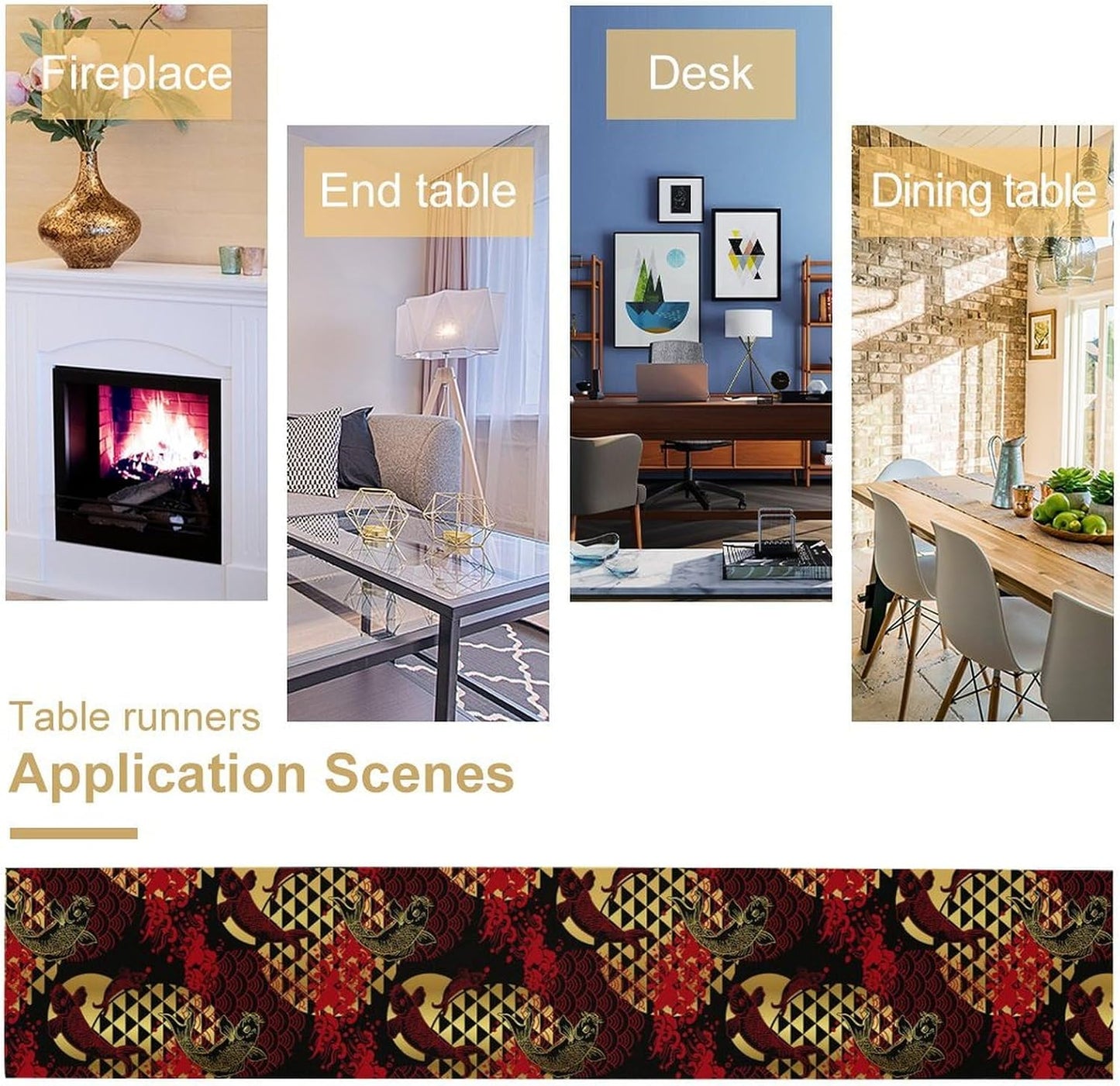 Japanese Table Runner Oriental Tradition Kio Fish Red Art Printed Burlap Runner Home Kitchen Dining Table Living Room Decor Fabric 1 Panel W13xL60in