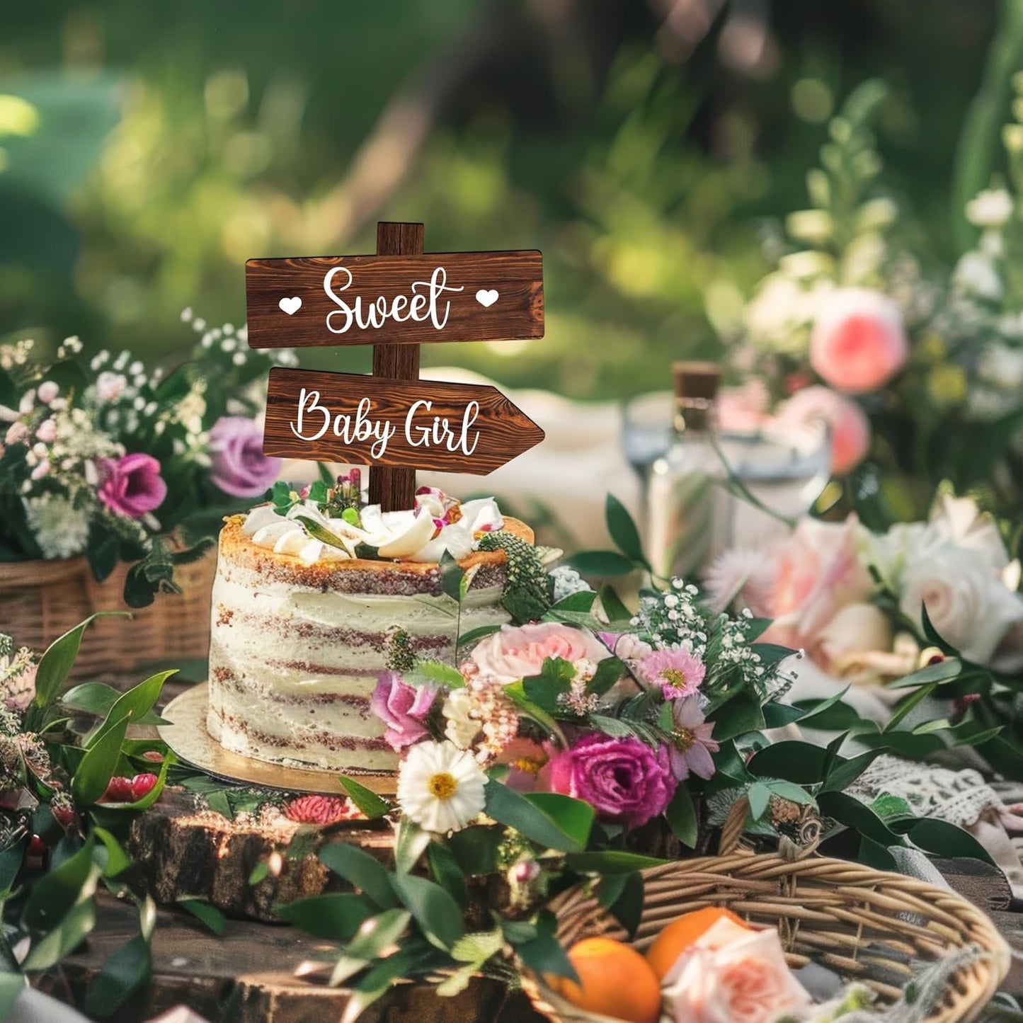 Rustic Sweet Baby Girl Cake Topper in Wood Baby Shower Gender Reveal Party Cake Decoration