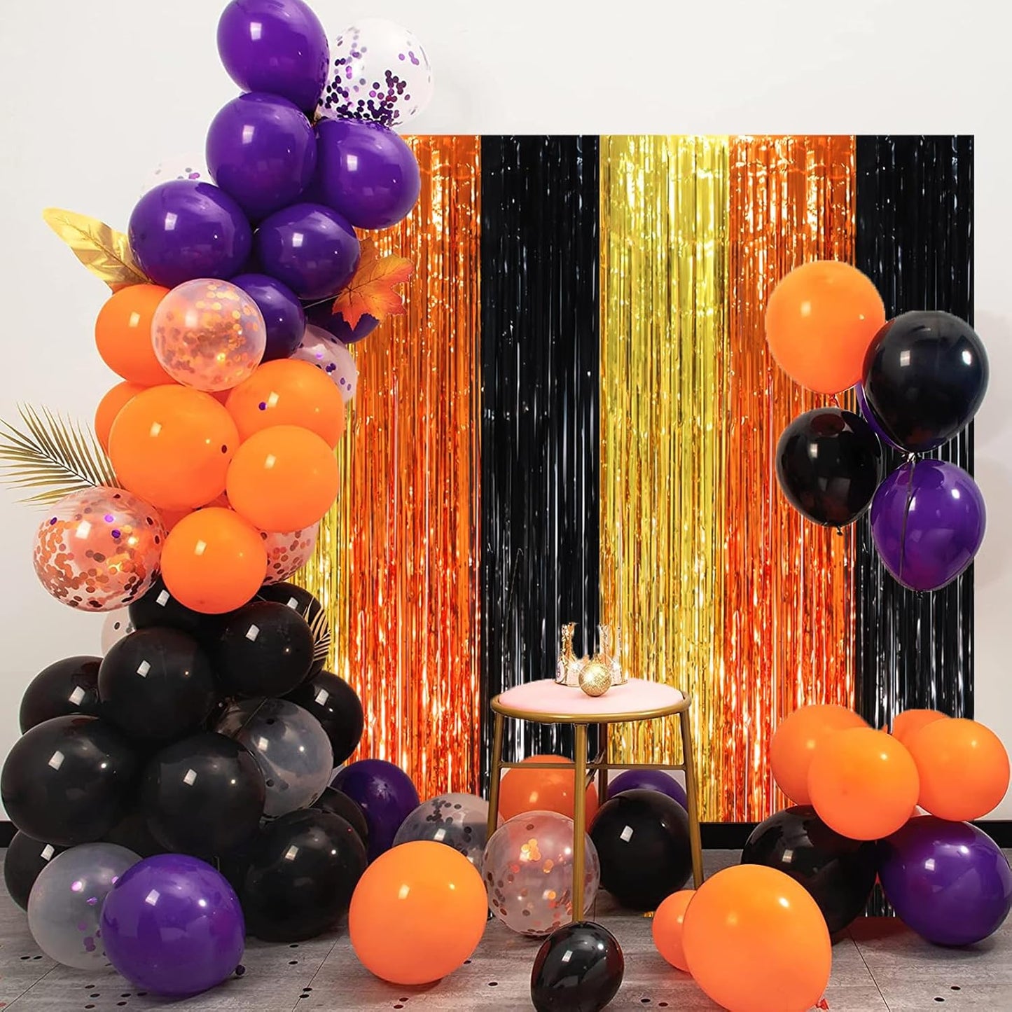 3 Pack 3.3 x 8.2 ft Black Gold Orange Foil Fringe Backdrop Curtains, Tinsel Streamers Party Decorations, Fringe Backdrop, Door Shimmer for Construction or Birthday Party