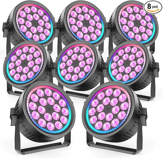 200W Aluminum Cast Fanless & Silent Stage Lights, 4 in 1 RGBW LED Par Lights with Dynamic Aperture, DMX512/Auto/Sound Activated Par Can Uplights for Events Wedding Bar Party Stage - 8Packs