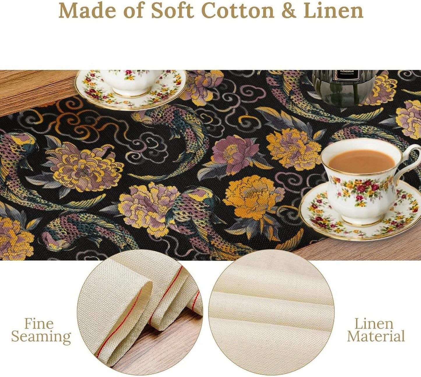 Japanese Table Runner Retro Flowers Oriental Tradition Kio Fish Art Printed Burlap Runner Home Kitchen Dining Table Living Room Decor Fabric 1 Panel W13xL120in