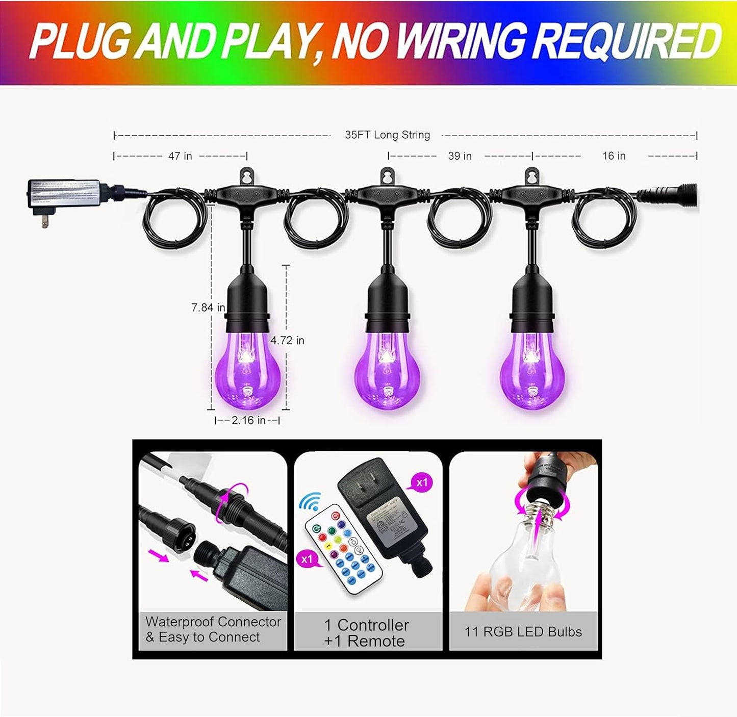 35FT Outdoor String Lights, 16 Shatterproof Edison Bulbs, Dimmable RGB Color Changing Patio Lights with Remote. Solar-Powered & Waterproof for Garden Commercial LED Decorative Lighting.