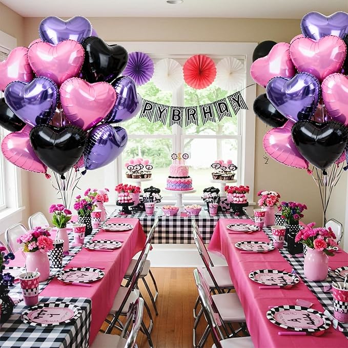TONIFUL 30Pcs 18 Inch Black PInk Light Purple Balloons Heart Shape Foil Mylar Banners Decoration for Birthday Valentine's Day Wedding Bridal Shower Anniversary Engagement Party Supplies