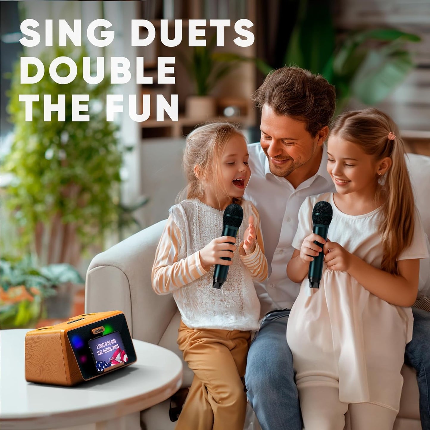 MASINGO Karaoke Machine for Adults and Kids with 2 Wireless Microphones, Portable Bluetooth Singing Speaker, Colorful LED Lights, PA System, Lyrics Display Phone Holder, and TV Cable. Presto G2 Wood