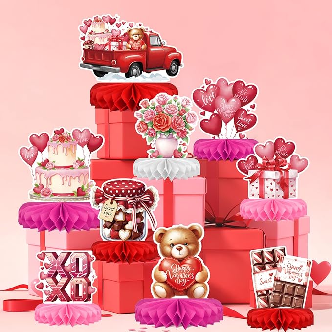 Valentines Day Decorations Set - Heartwarming Valentine's Day Honeycomb Centerpieces & Heart Table Toppers for Classroom Decor, Anniversary & Valentine's Day Party Supplies