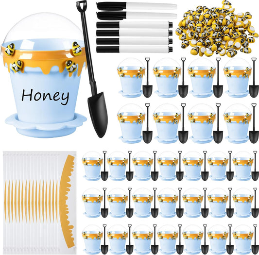 30 Sets Mini Honey Bee Pots with Lids, Spoon, Saucers and Bee Charms, 6.76 OZ Plastic Honey Jars for Cupcake Dessert Themed Party Favor Planter Baby Shower Birthday Wedding Decoration (Blue)