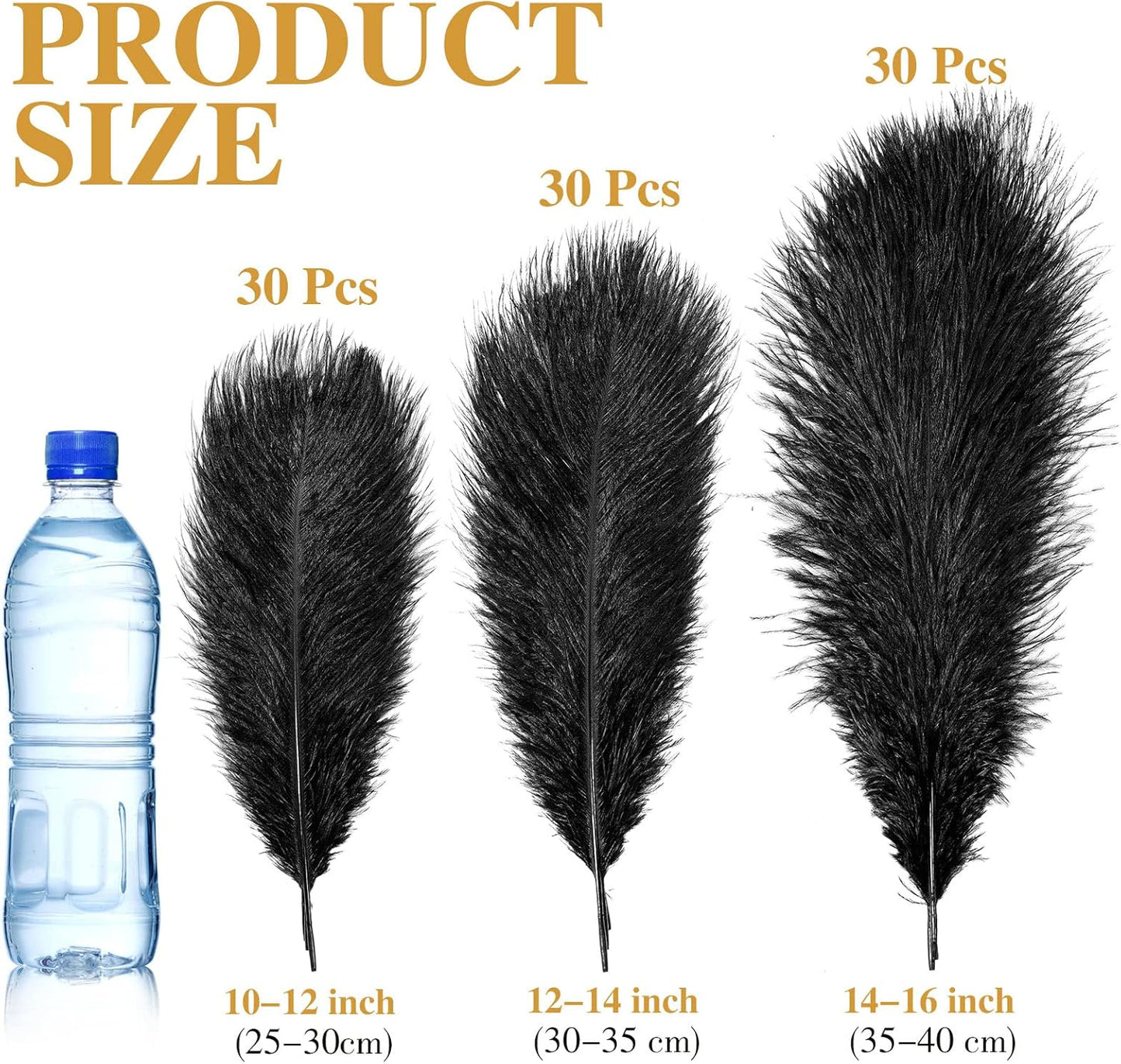 Maitys 90 Pcs Large Natural Ostrich Feathers Bulk 14-16 Inch (35-40cm) 12-14 Inch (30-35cm) 10-12 Inch (25-30cm) Ostrich Feathers Plumes for Centerpieces Wedding(Black)