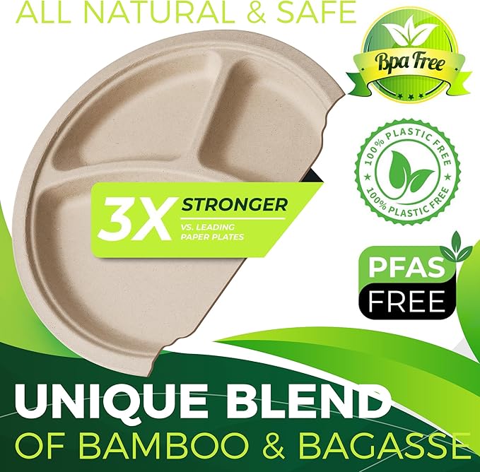150PCS 100% Compostable 10in Brown Paper Plate, 3-Compartment Heavy Duty Disposable Plates, Eco-Friendly Sectional Plates, Biodegradable Divided Plates Made of Sugarcane Fiber