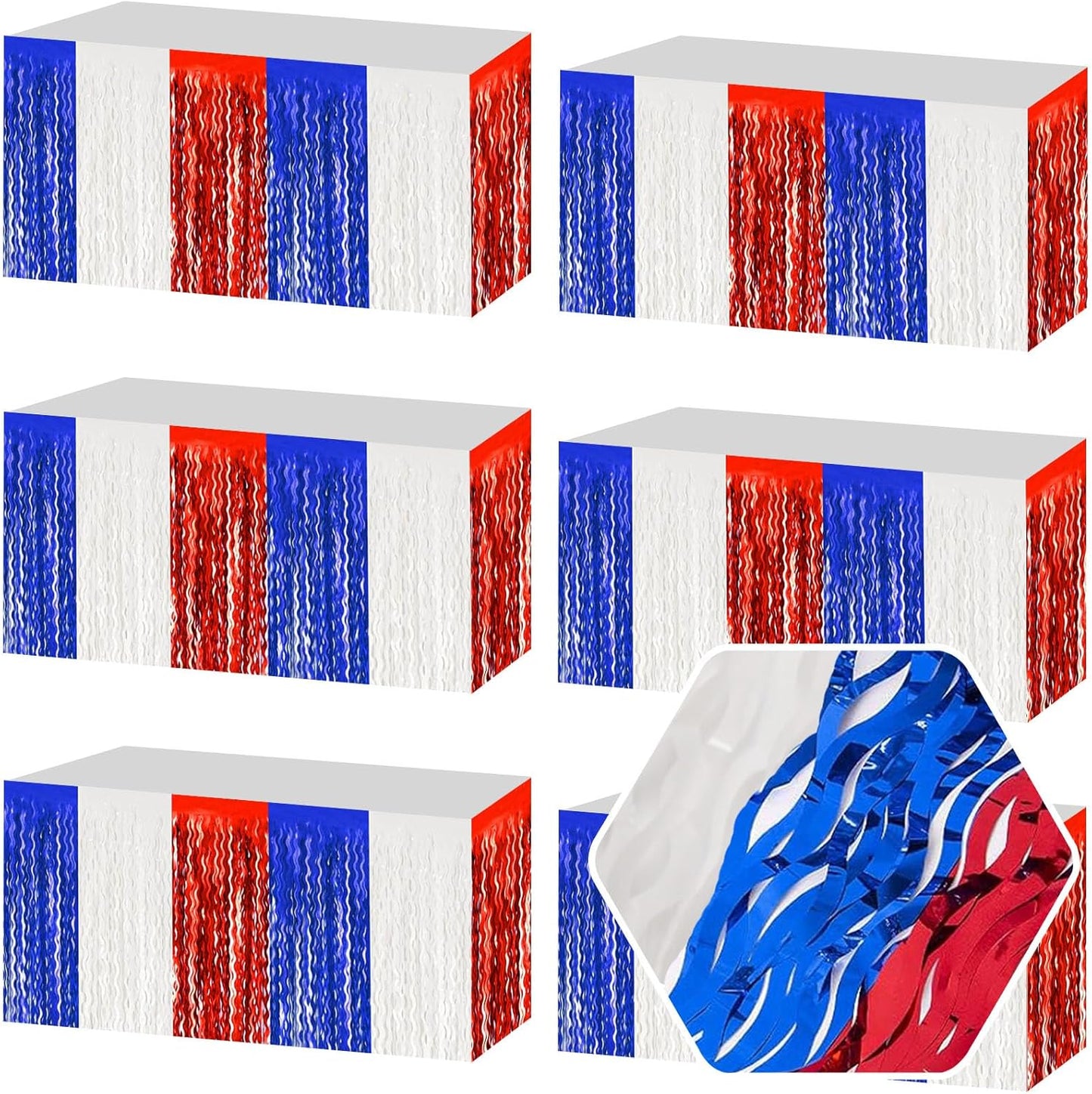 6 Pack 29 x108 Inch White Blue Red Wave Foil Fringe Table Skirts Metallic Banner for Tinsel Streamer Garland Backdrop for Parade Floats, Mother's Day, Easter, Wedding, Birthday Party Decoration