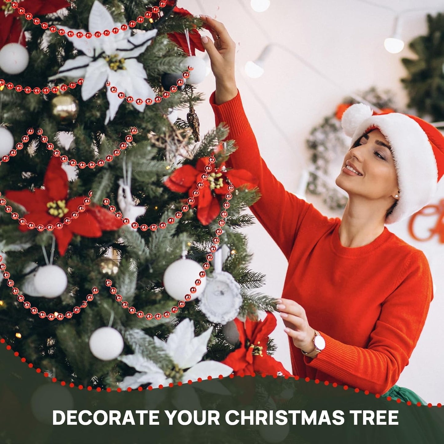 Craft String Pearls 6MM Pearl Bead, 66 Feet Red Faux Pearl Garland Spool Roll Strand Wedding Party Decoration, Christmas Tree Decorations