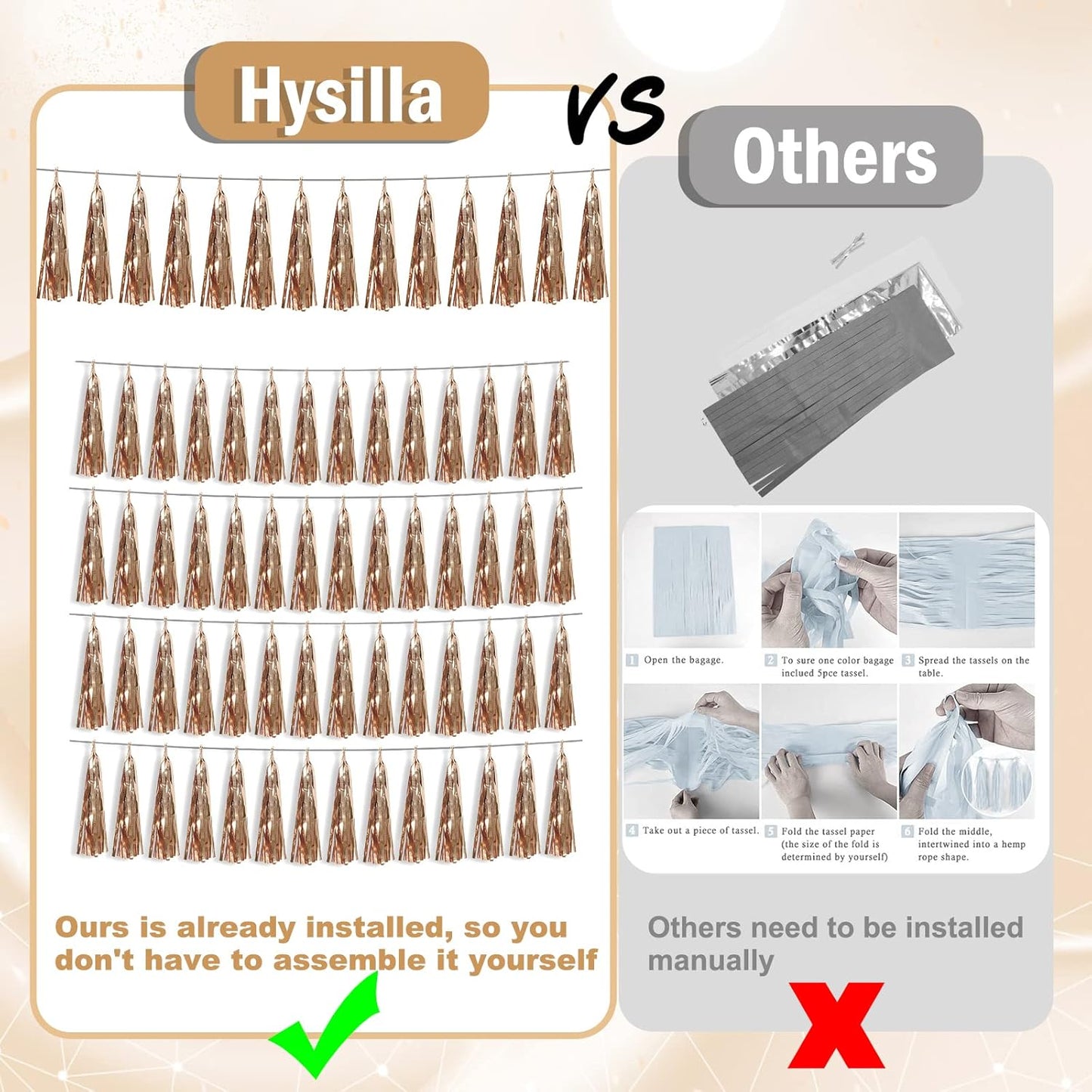 8P Champagne Gold Foil Fringe Metallic Tassel Streamers Banner Tassel Garland for Parade Floats, Bachelorette, Wedding, Birthday, Halloween, Christmas, Bridal/Baby Shower Party Decorations