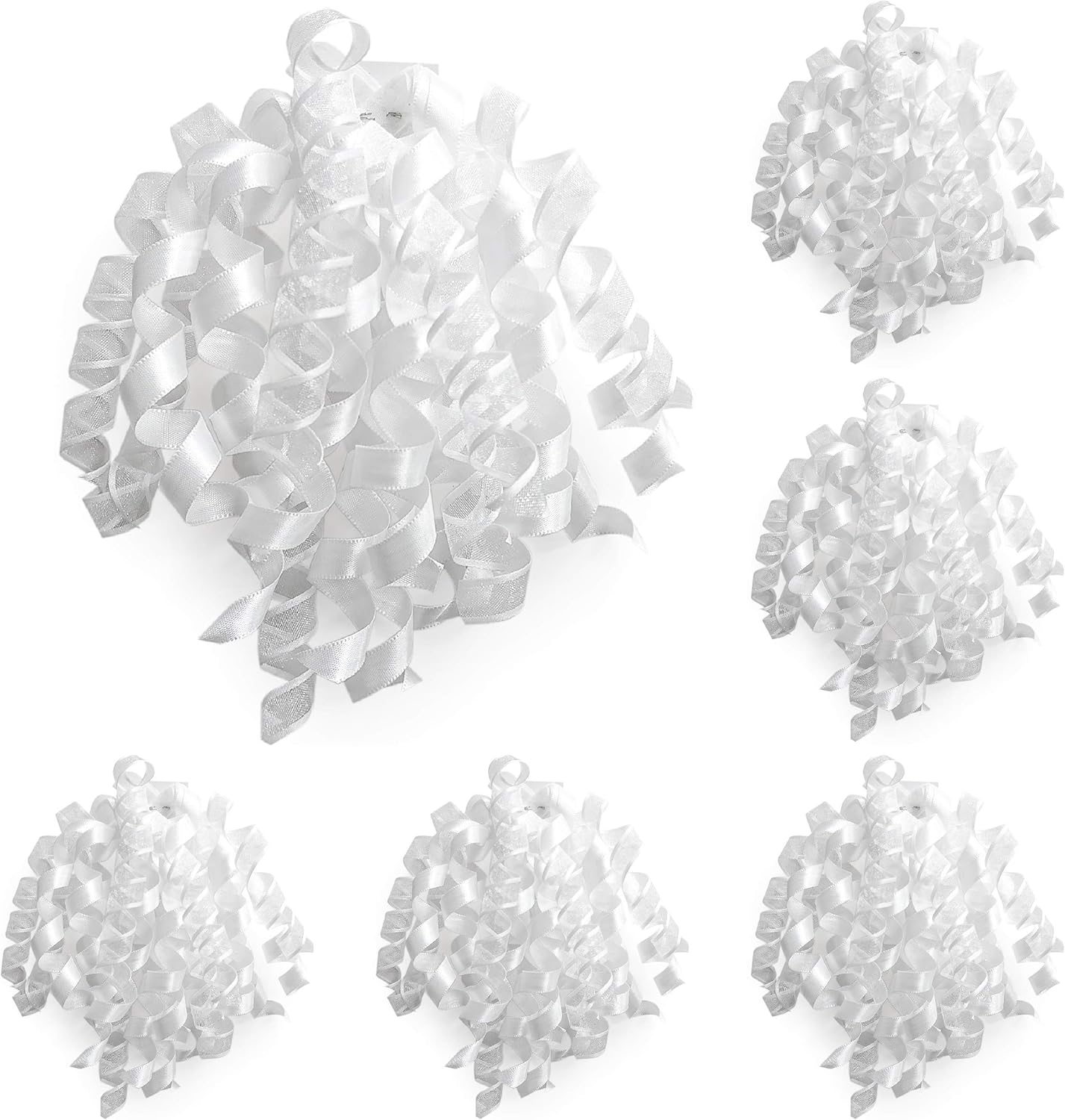 CT CRAFT LLC White Satin and Sheer Curly Ribbon Bow 6" Long x 6 Counts Gift Wrapping Pre-Tied Self-Adhesive Tab for Birthday Present Box Wine Bottle Baby Shower Party Christmas Hanukah