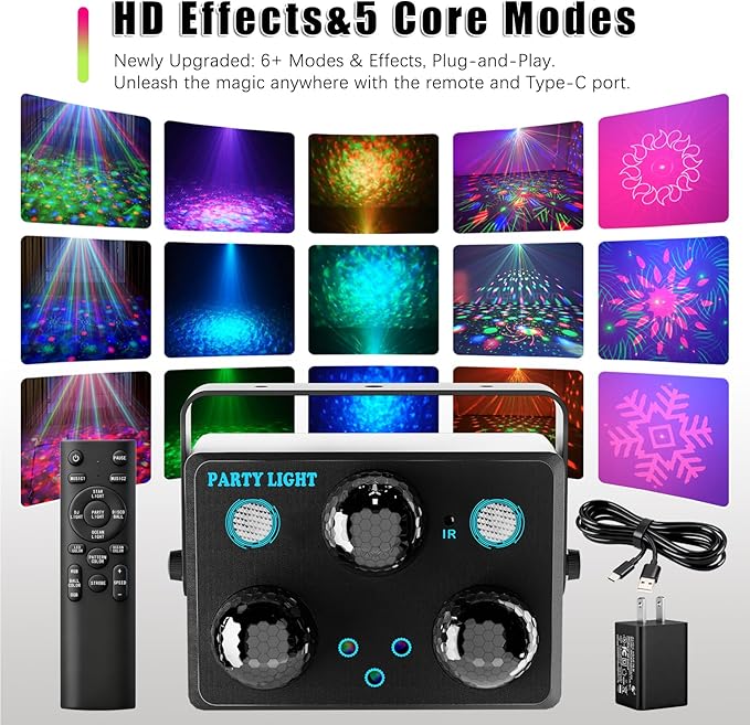 6-in-1 Disco Ball Party Lights with Sound Activation & Remote Control: Multi-Effect Lighting with Star Projector, Ocean Wave and LED Strobe for Home, Christmas, Birthday, Wedding, Bar and Club
